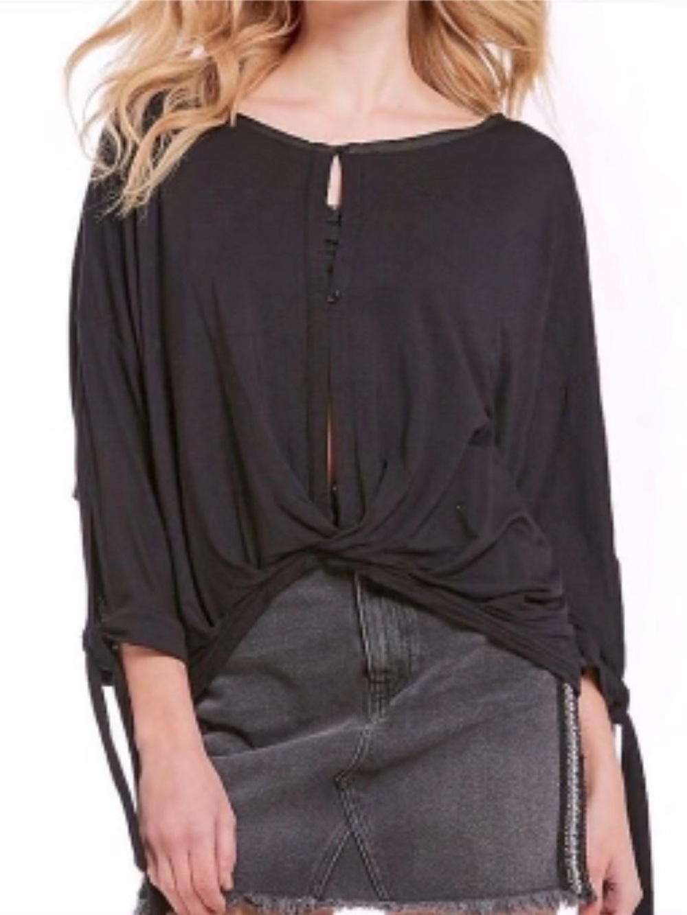 Free People Black Twist-Front Long Sleeve Tee